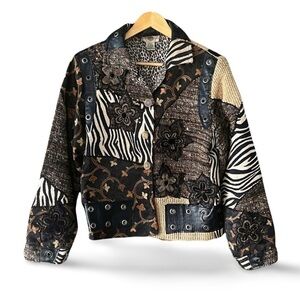 Sandy Starkman Vintage Silk & Leather Patchwork Jacket Designer Statement Piece